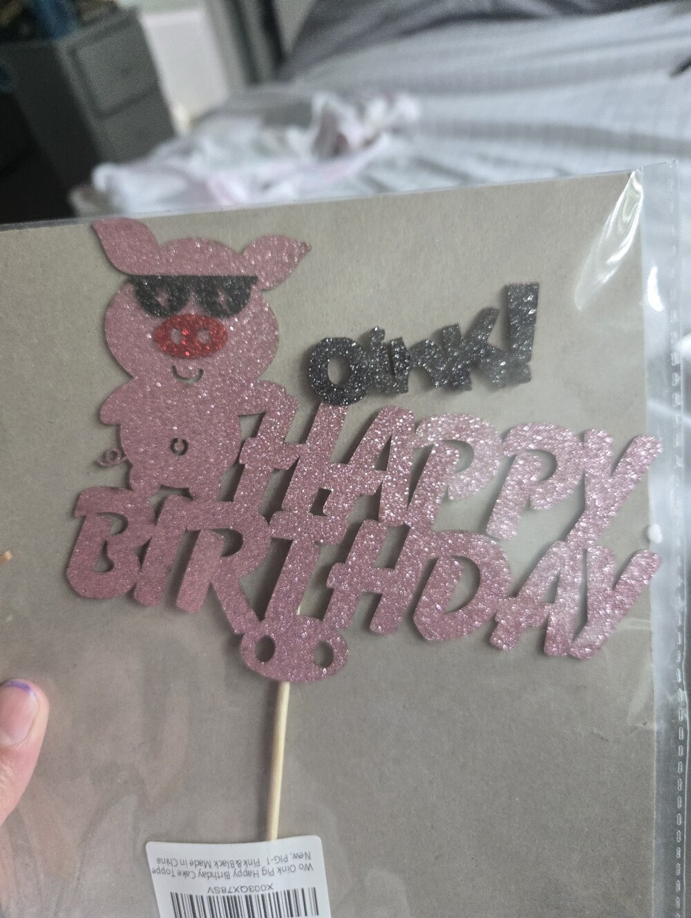 Glitter Pink Pig 'Happy Birthday' Cake Topper